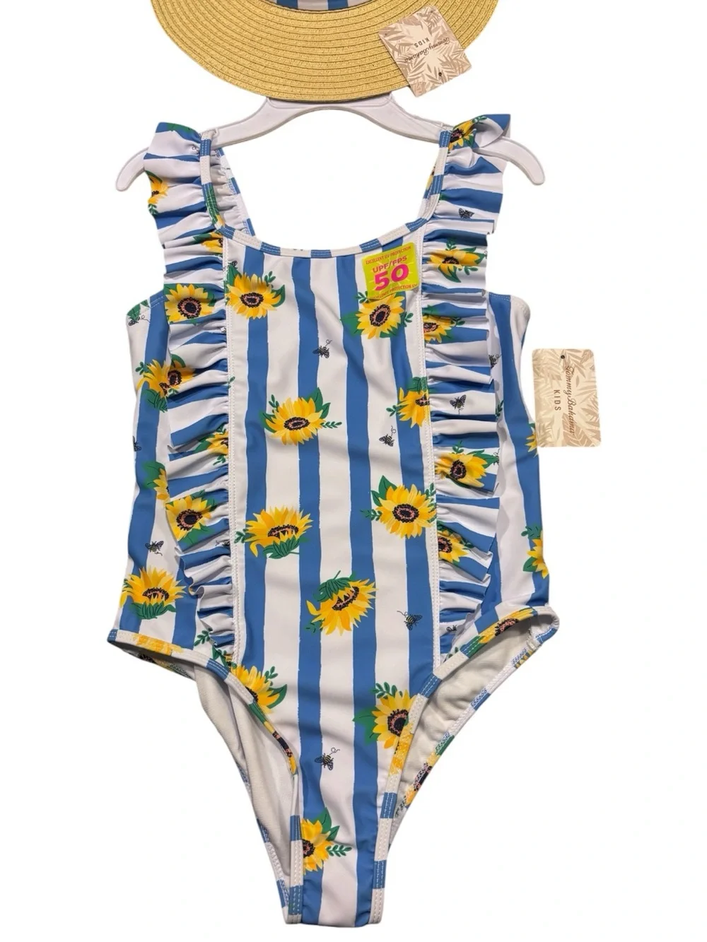 Tommy Bahama Kids Sunflower Stripe Ruffle One-Piece Swimsuit & Matching Hat NWT